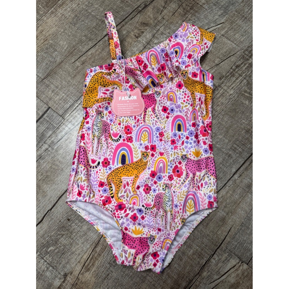 Cheetah Rainbow Floral One Shoulder Ruffle‎ One Piece Swimsuit Size 100 3T/4T